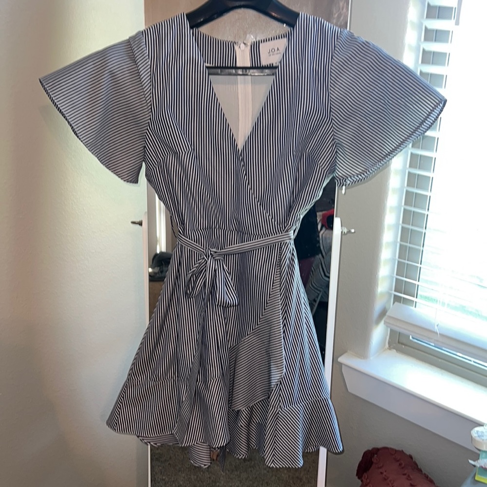 Blue and white striped wrap dress